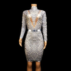 Rhinestones Pearls Long Sleeve Dress