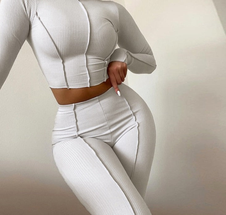 Ribbed Mock Neck Crop Top And Pants Long Sleeve 2 Piece set