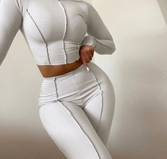 Ribbed Mock Neck Crop Top And Pants Long Sleeve 2 Piece set