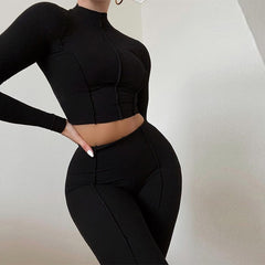 Ribbed Mock Neck Crop Top And Pants Long Sleeve 2 Piece set