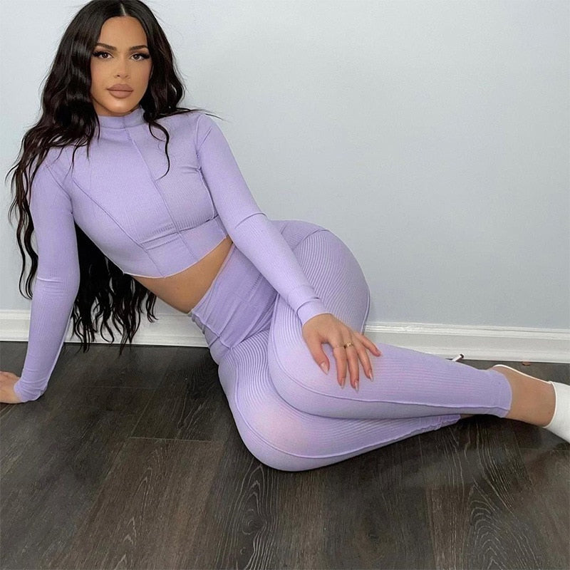 Ribbed Mock Neck Crop Top And Pants Long Sleeve 2 Piece set