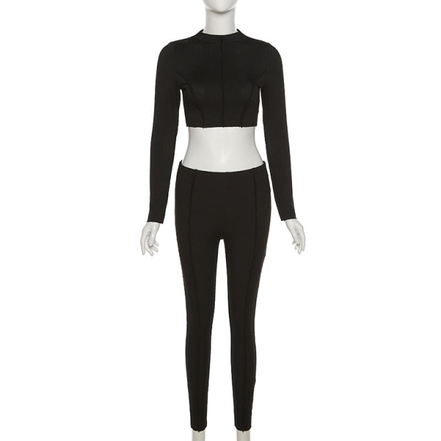 Ribbed Mock Neck Crop Top And Pants Long Sleeve 2 Piece set