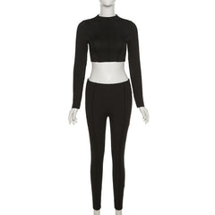 Ribbed Mock Neck Crop Top And Pants Long Sleeve 2 Piece set