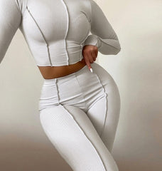 Ribbed Mock Neck Crop Top And Pants Long Sleeve 2 Piece set