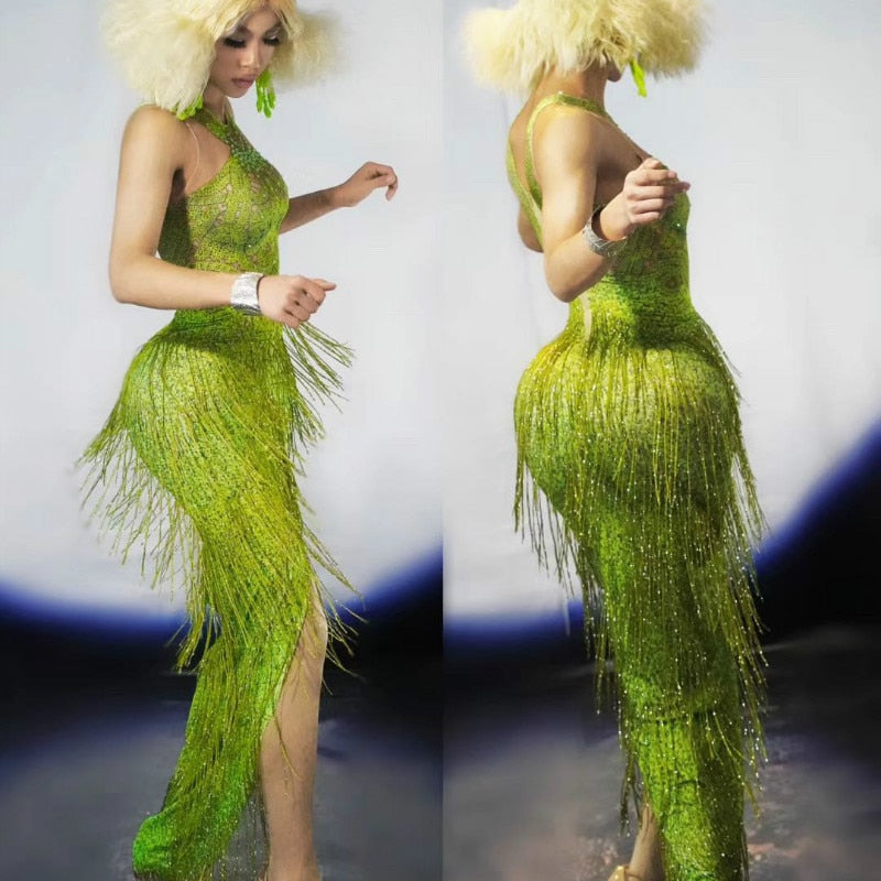 green Fringes Summer Sleeveless Long Dress Main image