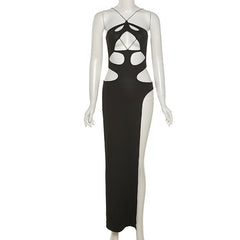 Black Halter Cut Out Hight Waist Split Long Dress