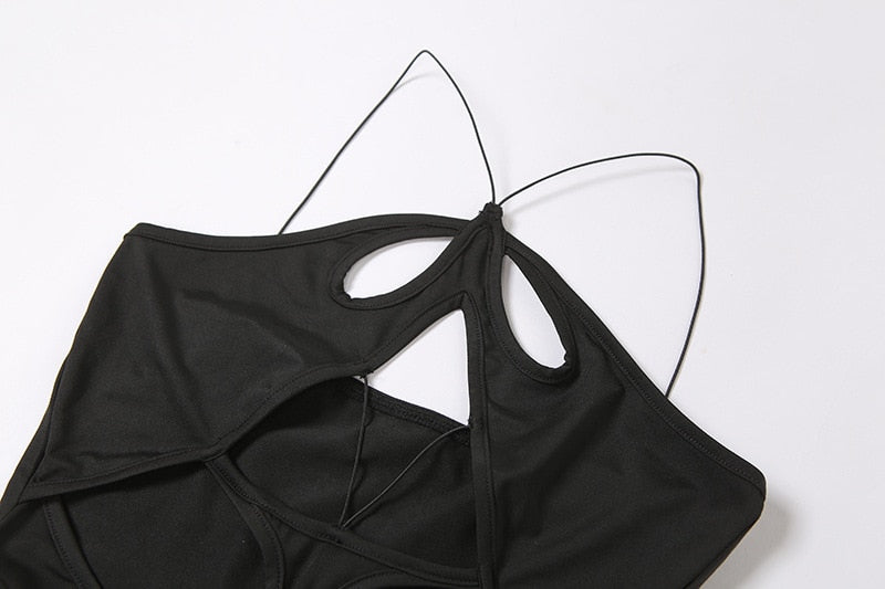 Black Halter Cut Out Hight Waist Split Long Dress