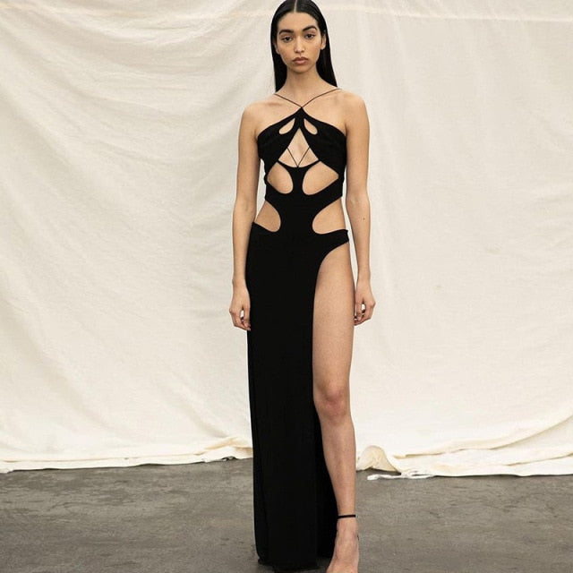 Black Halter Cut Out Hight Waist Split Long Dress