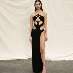 Black Halter Cut Out Hight Waist Split Long Dress