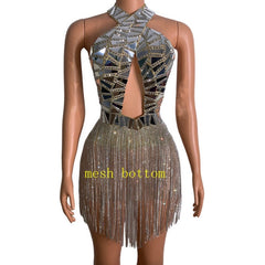 Sparkly Silver Mirrors Crystals Fringes Dress