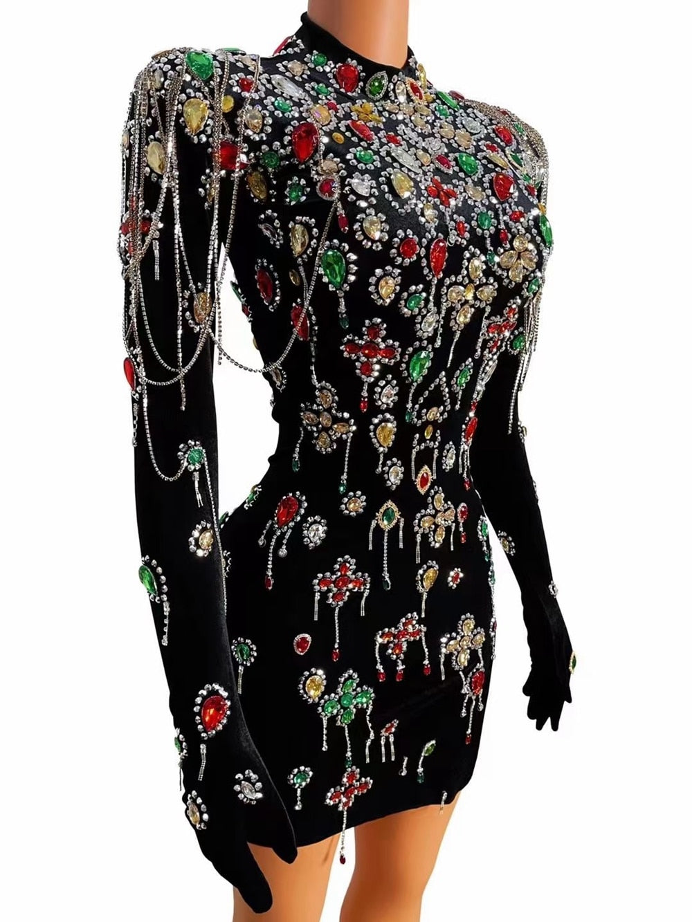 Multi-color Crystal Rhinestone Chain Velvet Short Dress