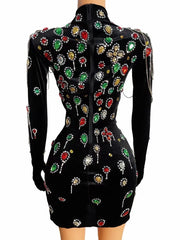 Multi-color Crystal Rhinestone Chain Velvet Short Dress