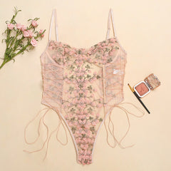 Floral Embroidery Bodysuit Transparent