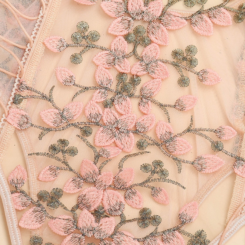 Floral Embroidery Bodysuit Transparent