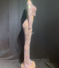 Sparkly Rhinestones Pearls Two Pieces Set Crop Top and Long Skirt