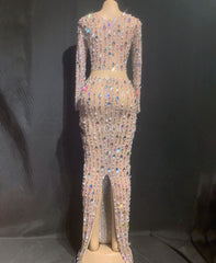 Sparkly Rhinestones Pearls Two Pieces Set Crop Top and Long Skirt