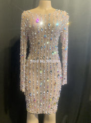 Sparkly Rhinestones Pearls Two Pieces Set Crop Top and Long Skirt