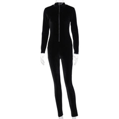 Long Sleeve Velvet Zipper Fitness Bodycon Jumpsuit