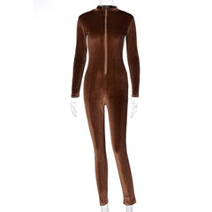 Long Sleeve Velvet Zipper Fitness Bodycon Jumpsuit