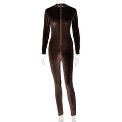 Long Sleeve Velvet Zipper Fitness Bodycon Jumpsuit