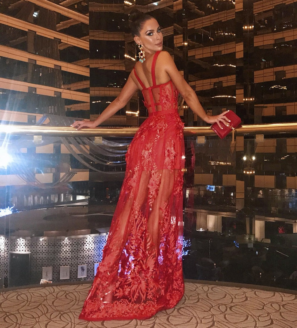See Thru Out Red Lace Evening Dress