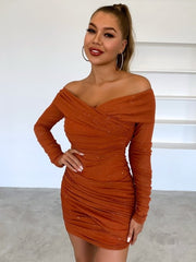 Glitter Solid Sexy Mini Dresses Women Off Shoulder Long Sleeves
