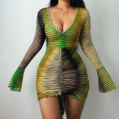 V Neck Printed Bodycon Gradient Sexy Mini Dress