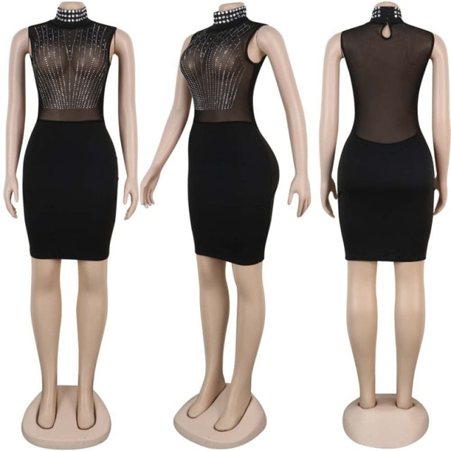 Rhinestone Dress Women Elegant Midi Bodycon