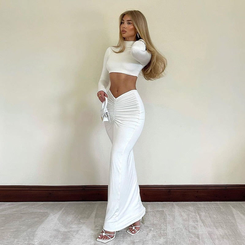 Elegant White Long Sleeve 2 Piece Set skirt set