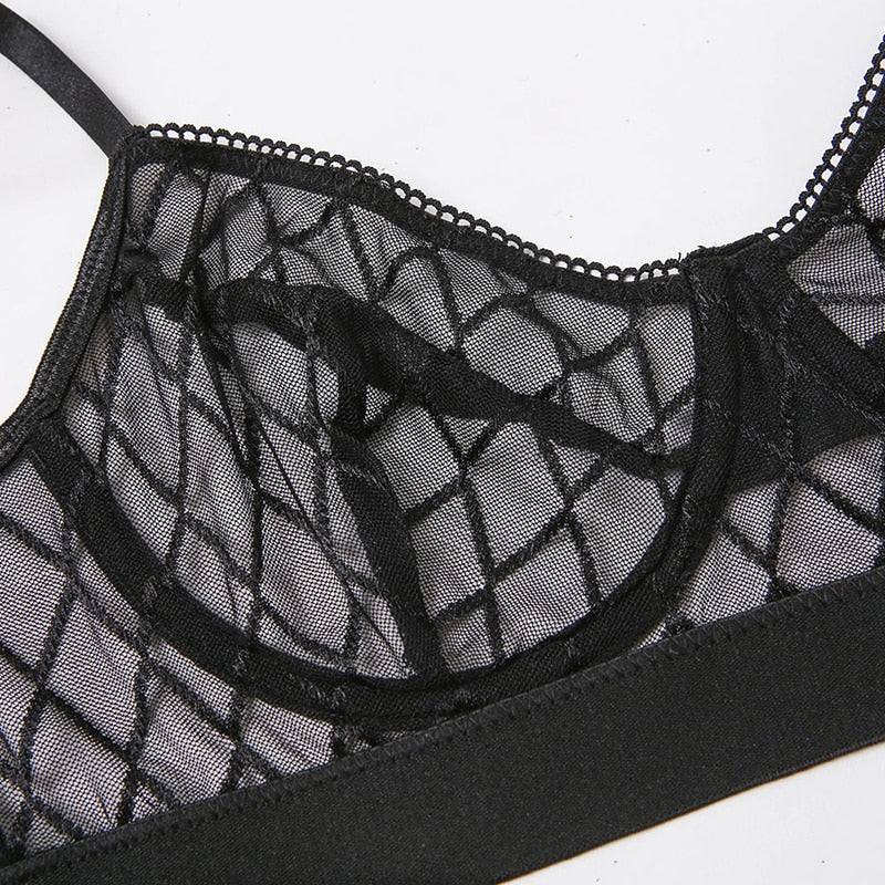 Lace Bra and Panty Garters Black Transparent Lingerie