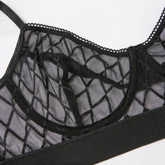 Lace Bra and Panty Garters Black Transparent Lingerie