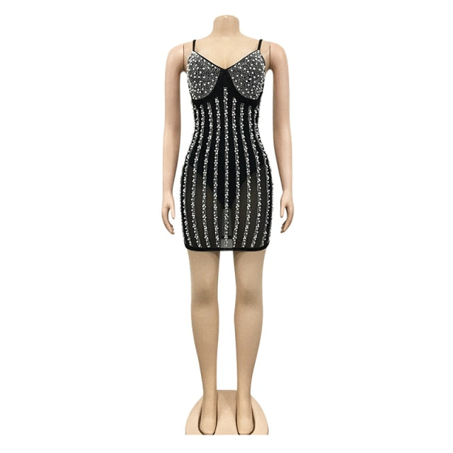 Chic Sheer Mesh Patchwork Crystal and pearl Studded Short Party Dress