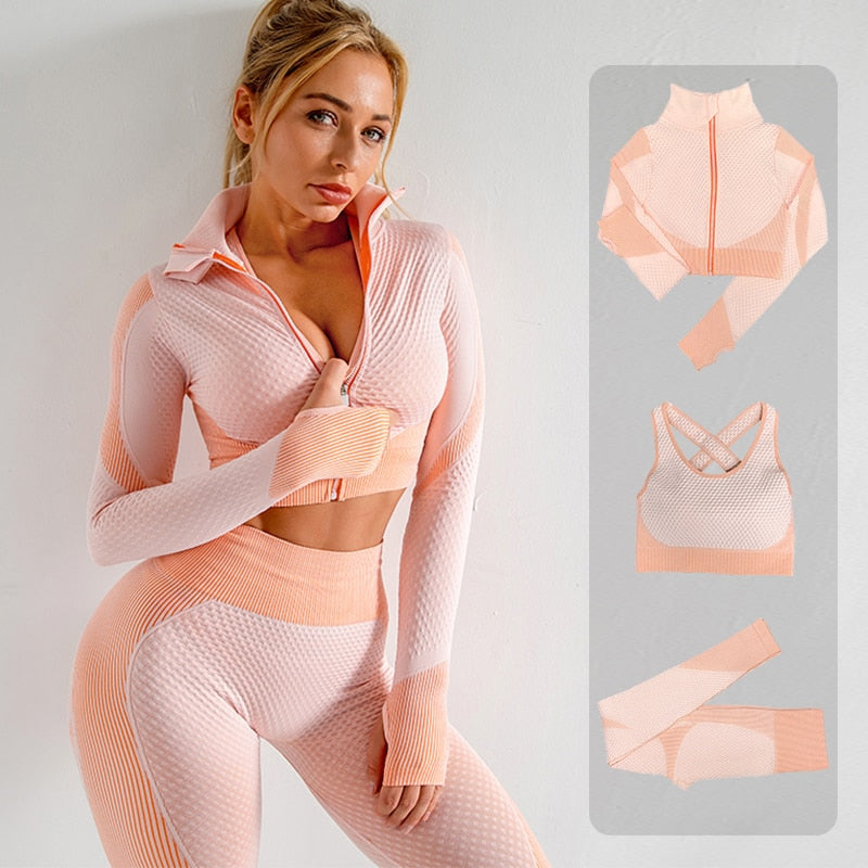 Seamless 2/3PCS Women Yoga Set Gym Long Sleeve Crop Top+High Waist Leggings