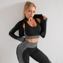 Seamless 2/3PCS Women Yoga Set Gym Long Sleeve Crop Top+High Waist Leggings