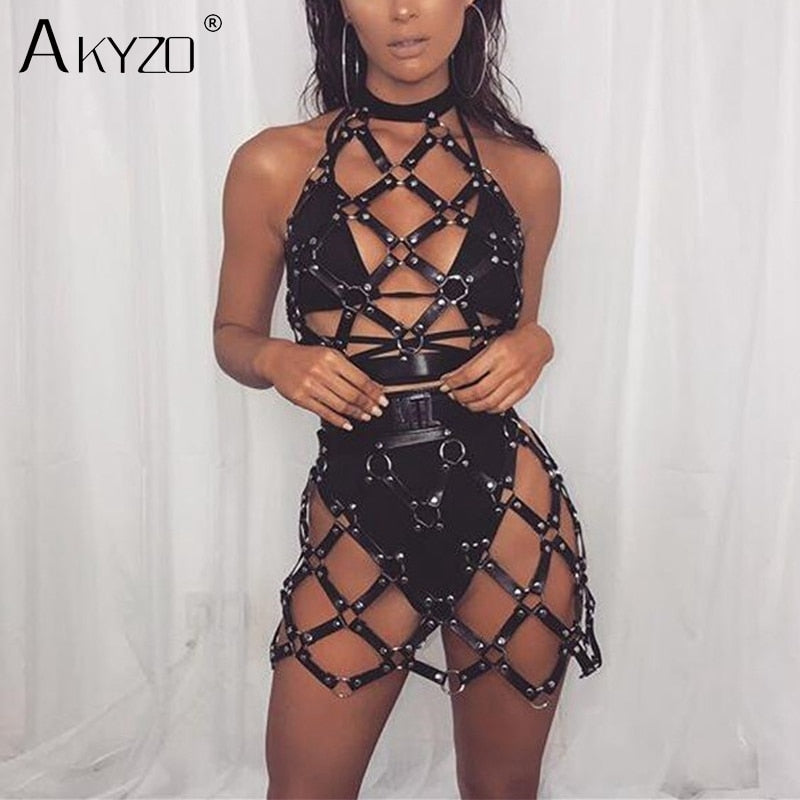 Noir Vixen Faux Leather Harness Set Two-piece