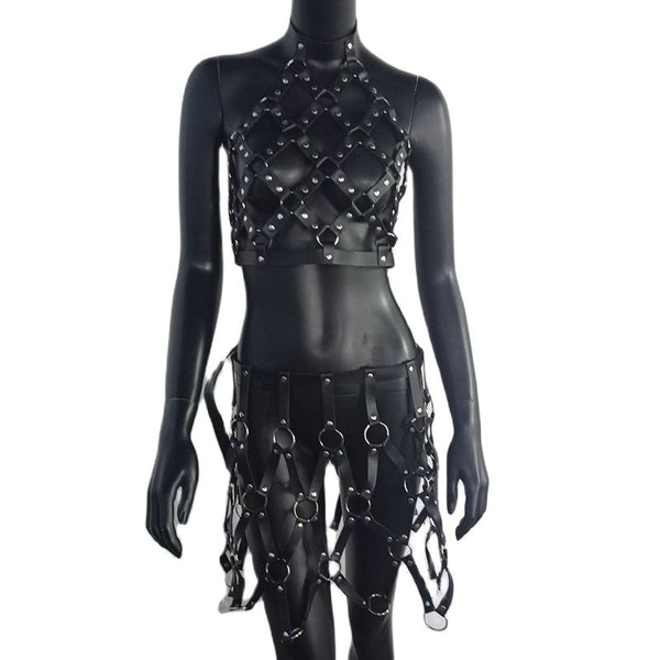Noir Vixen Faux Leather Harness Set Two-piece