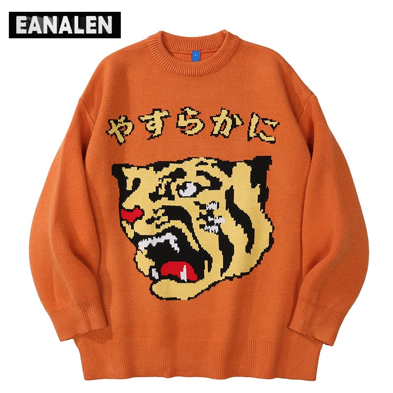 Harajuku cartoon anime Tiger knitted sweater men&amp;#39;s hip hop red winter vintage ugly sweater jumper pullover women fashion