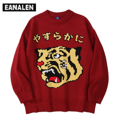 Harajuku cartoon anime Tiger knitted sweater men&amp;#39;s hip hop red winter vintage ugly sweater jumper pullover women fashion