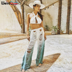 Ripped Side Tassel Straight Pants