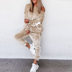 Striped Spliced Velvet Tracksuit Two Piece Set