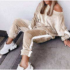 Striped Spliced Velvet Tracksuit Two Piece Set