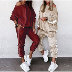 Striped Spliced Velvet Tracksuit Two Piece Set