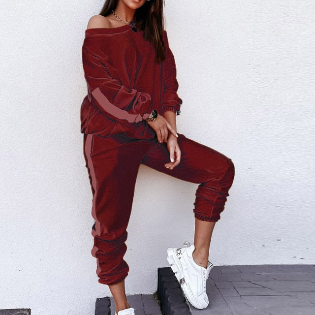 Striped Spliced Velvet Tracksuit Two Piece Set