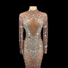 Mesh Perspective Mirrors Rhinestones Celebrite Party Long Dress