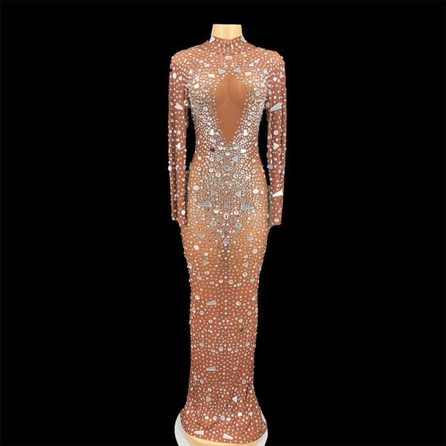 Mesh Perspective Mirrors Rhinestones Celebrite Party Long Dress