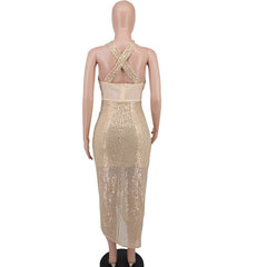 Glitter Halter Neck Cut-Out Corest Irregular Maxi Dress