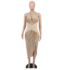 Glitter Halter Neck Cut-Out Corest Irregular Maxi Dress