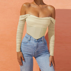 Mesh Corset Blouse Fall See Through Off Shoulder