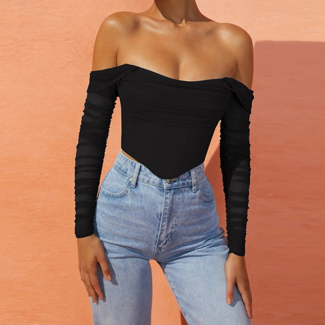 Mesh Corset Blouse Fall See Through Off Shoulder