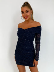 Glitter Solid Sexy Mini Dresses Women Off Shoulder Long Sleeves